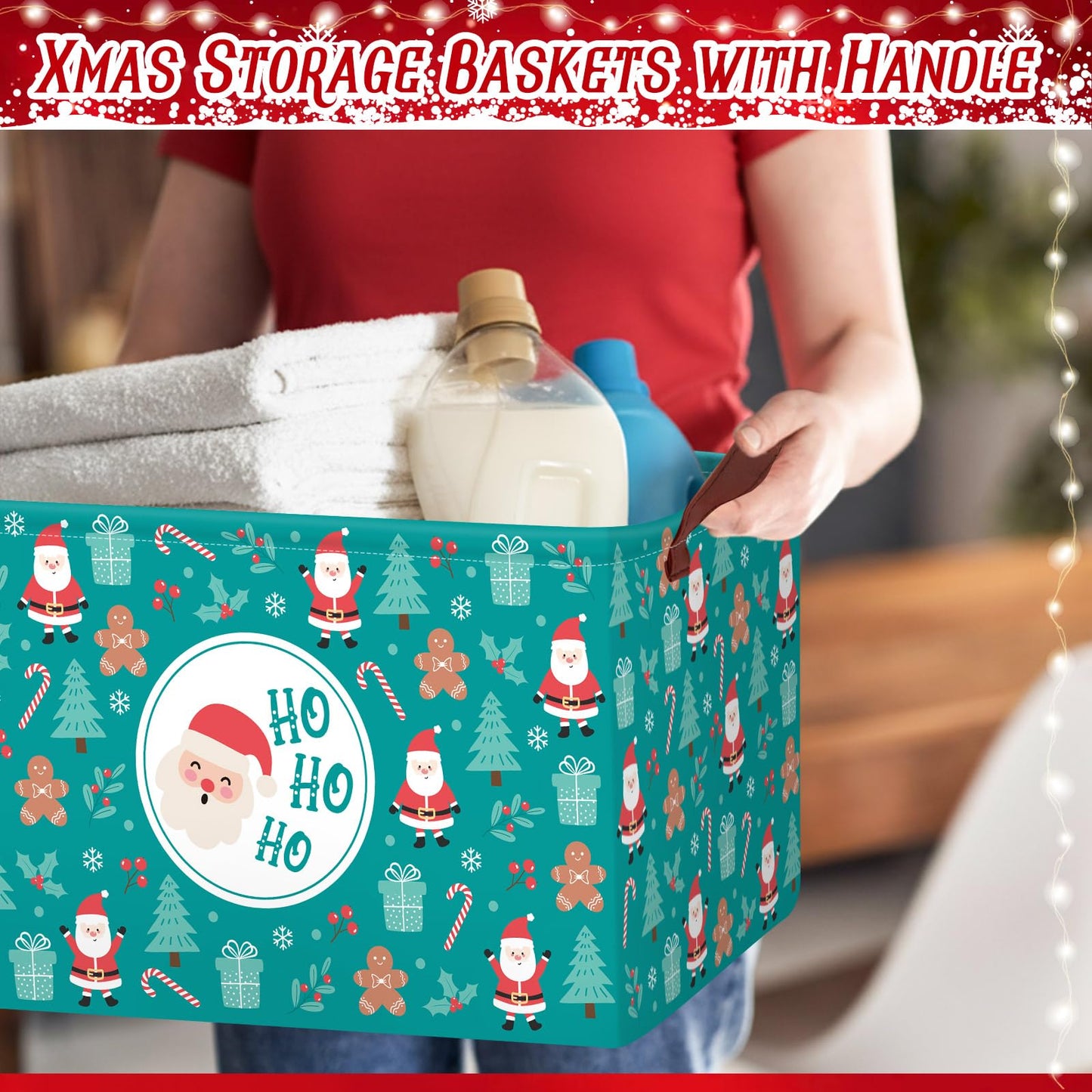 Boao 3 Pack Christmas Storage Baskets for Gifts Empty Collapsible Large Christmas Storage Bins, Xmas Canvas Laundry Basket with Handle for Office Home Bedroom Clothes Toys Holiday Decor