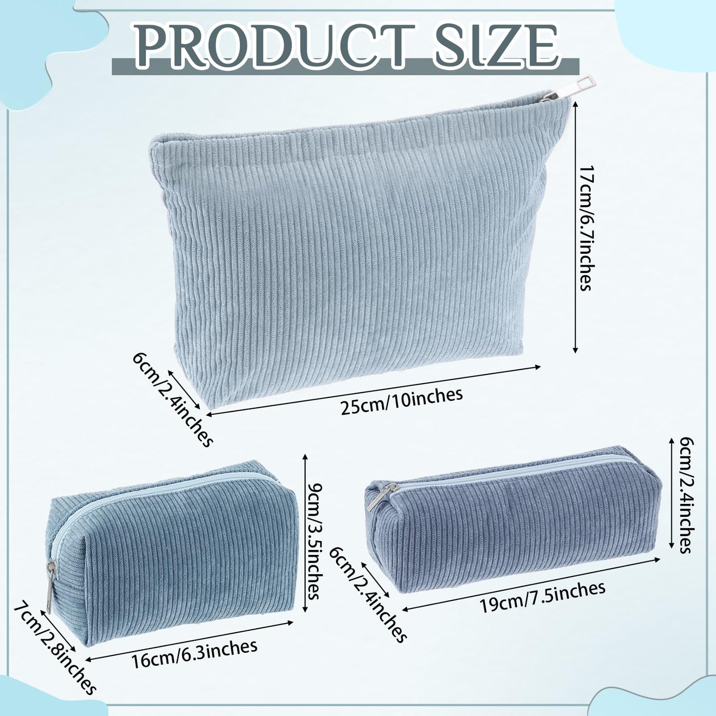 Huhumy 3 Pcs Makeup Bag Set for Women Corduroy Cosmetic Pouch Aesthetic Smile Travel Toiletry Bag Cute Purse Pouch Pencil Case Makeup Brushes Storage Organizer with Zipper(Blue,Gradient)