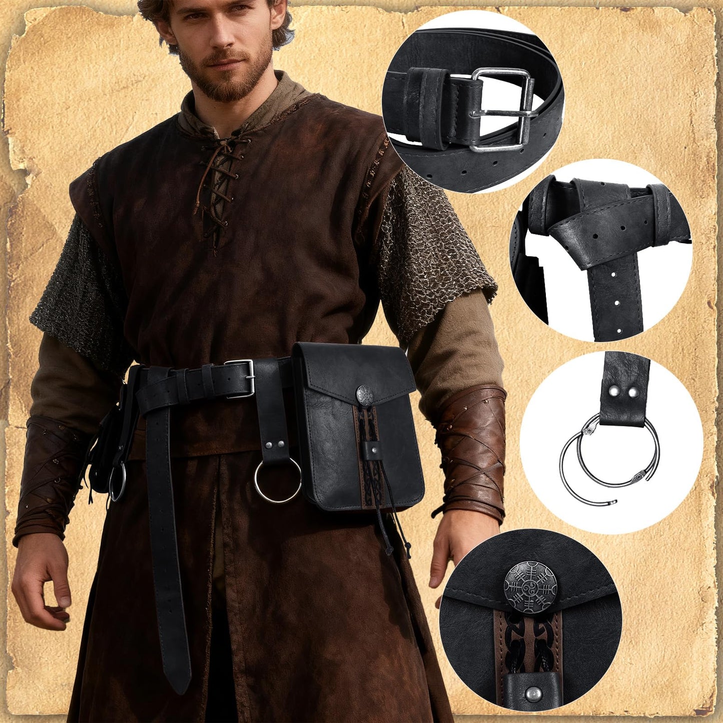 Treature Medieval Belt Pouches - Renaissance Belt Pouch Coin Purse Skirt Hike Set - Medieval Pirate Costume Halloween Cosplay for Ren Faire. (Black)