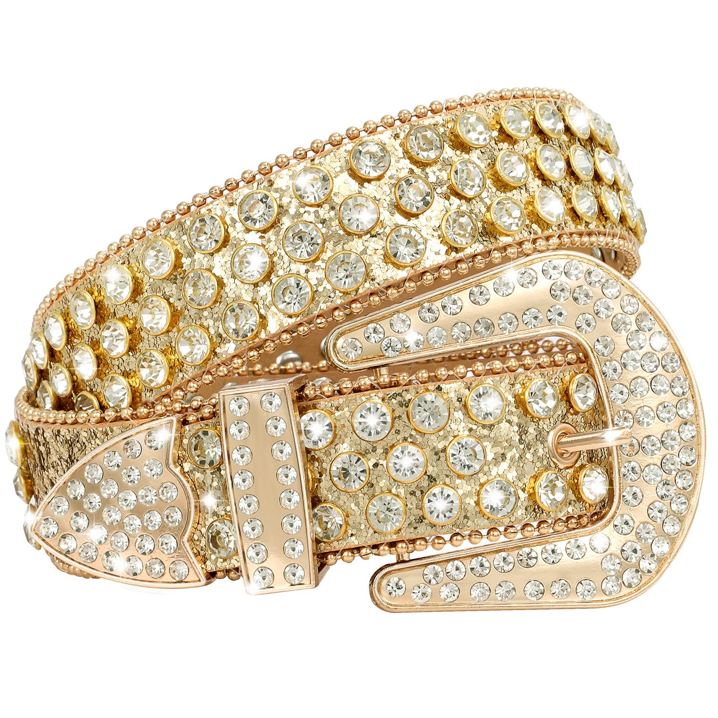 WHIPPY Women Western Rhinestones Belts Men Studded Belt for Jeans Bling Cowgirl Cowboy Waist Belt with Removable Buckle, Gold Sequin, M