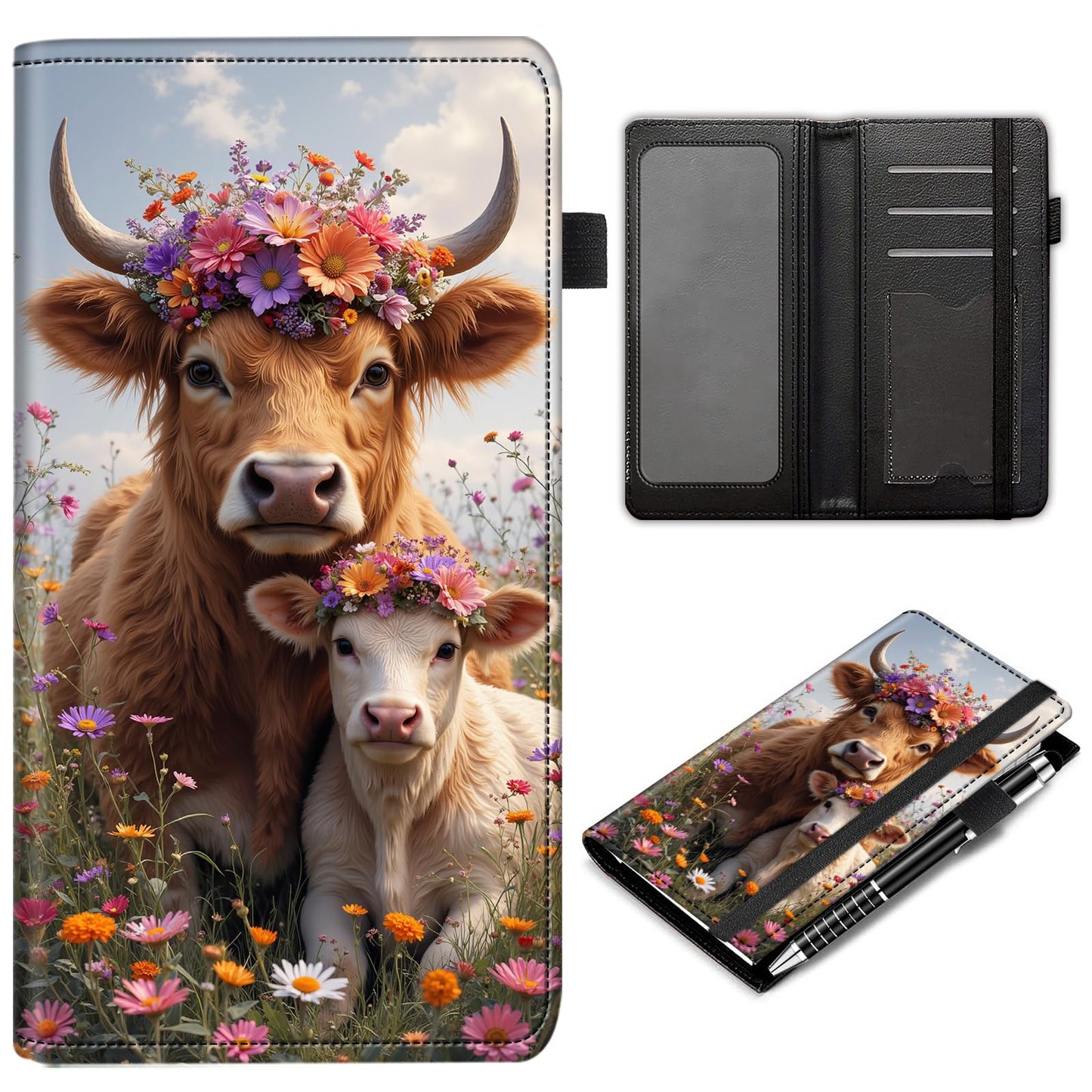 RMJKXQZG Leather Checkbook Wallet, RFID Blocking Pen Holder Large Compartment for Cash Checkbook Compartment Card Slot for Checkbook Holder Checkbook Cover, Wildflowers And Cute Cow Cattle