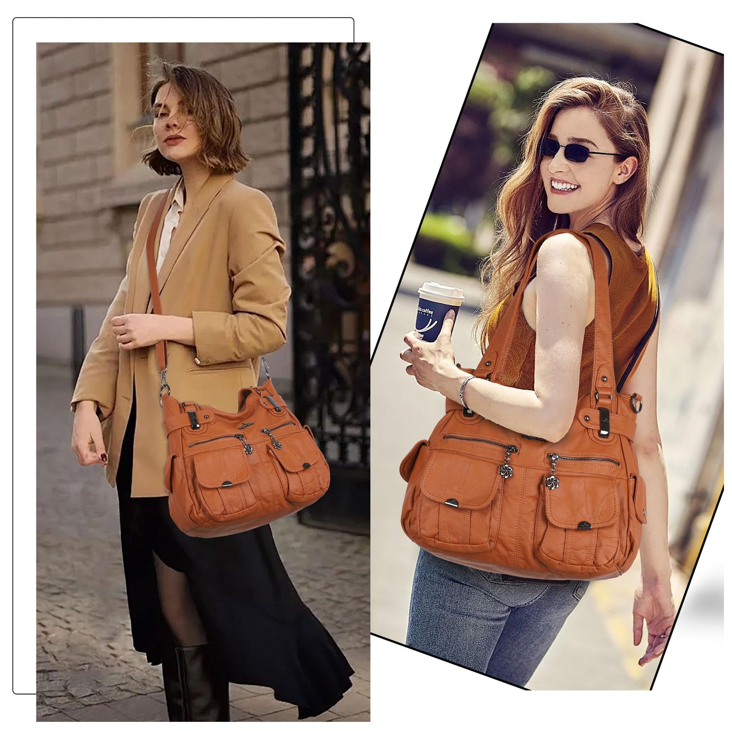 Angelkiss Women's Designer Handbag Large Double Zipper Multi Pocket Washed, Brown
