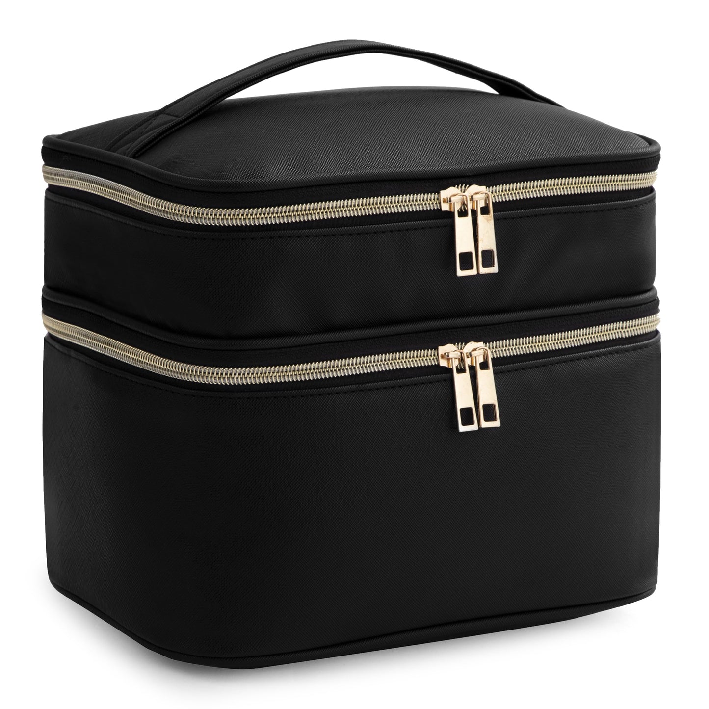 HBlife Double Layer Travel Makeup Bag Portable Cute Leather Cosmetic Bag Large Make Up Bag Makeup Case Organizer Toiletry Bag for Women Girls with Handle and Removable Divider(Black)