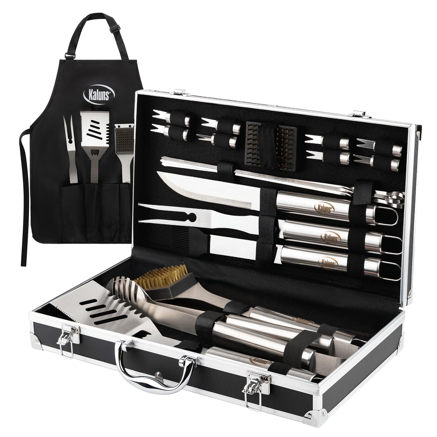 Kaluns Grilling Accessories, Dad Gifts for Fathers Day, Grilling Gifts, Heavy Duty Stainless Steel BBQ Tool Set for Outdoor Grill with Aluminum Case and Apron, Birthday Gifts for Men Women