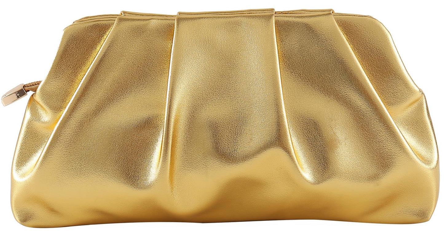 FanChris Evening Bag for Women Ruched Clutch Purse Detachable Metal Chain Crossbody Bag(gold)
