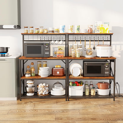 Furologee Kitchen Bakers Rack with Power Outlet, Microwave Oven Stand with Storage 4 Tiers, Coffee Bar Table with 6 S Hooks, Kitchen Storage Shelf Rack for Spices, Pots, Rustic Brown