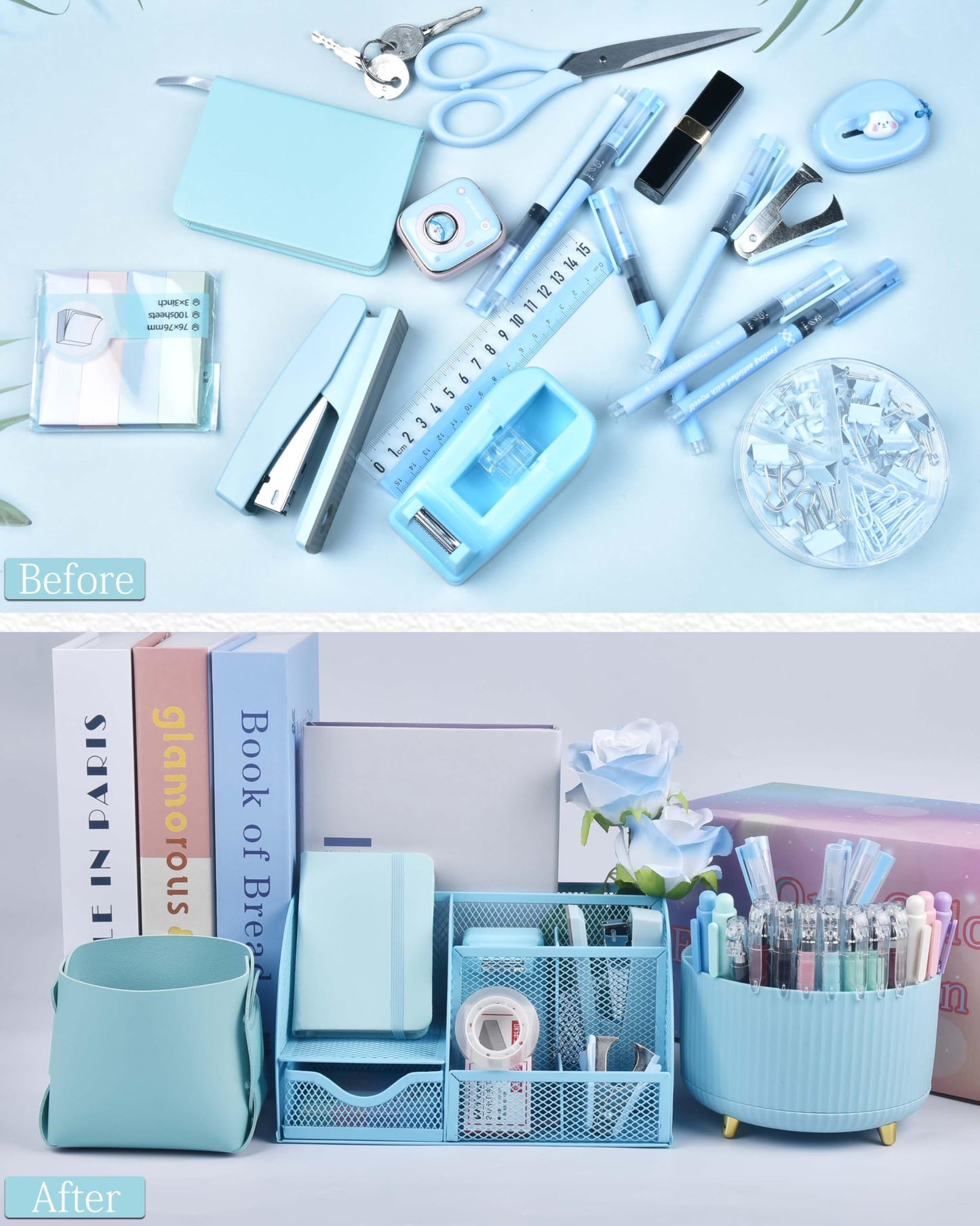 LXEVIHK 20Pcs Blue Desk Organizers and Accessories With Mesh Desk Organizer and 360°Rotating Pen Holder and a Lot of Office Blue Office Supplies Beautifully Presented in a Gift Box