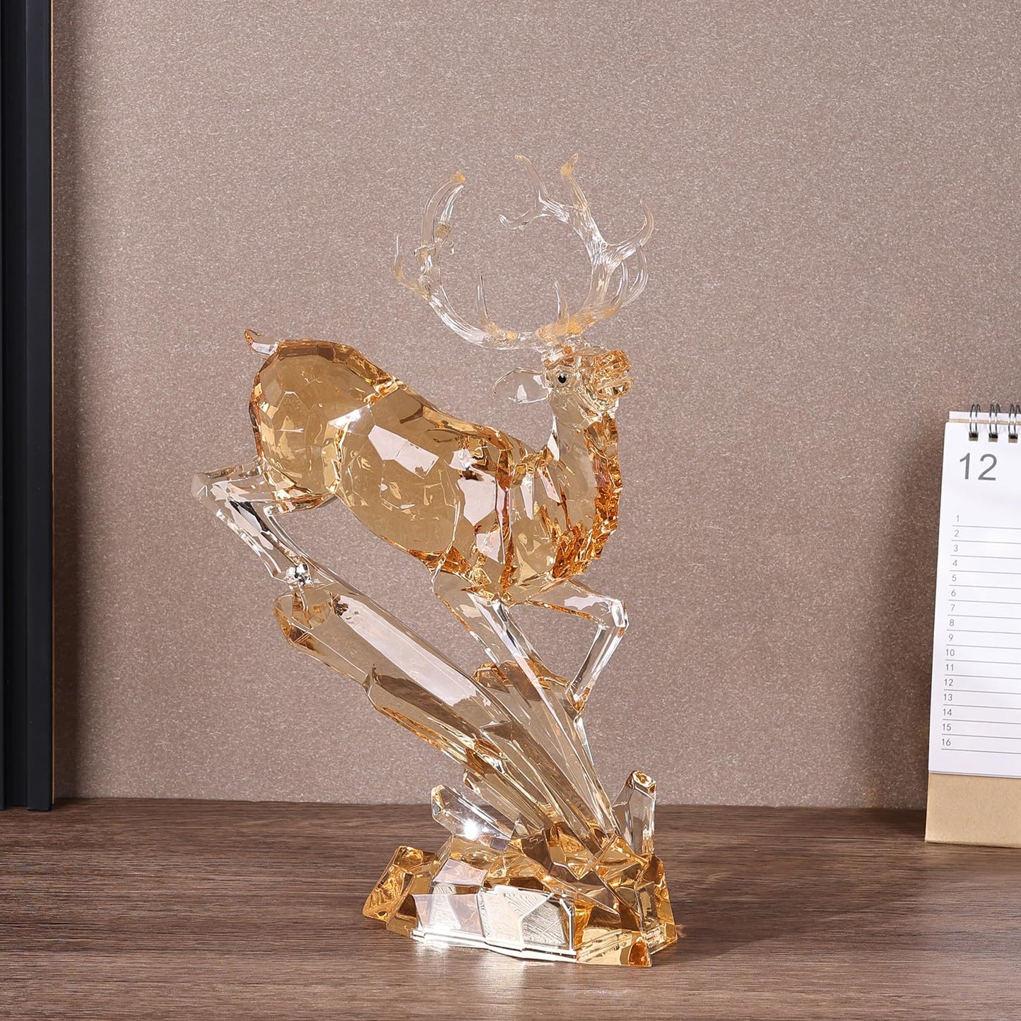 Luxury Acrylic Reindeer Figurine with LED Light for Christmas Decor, Elegant Transparent Crystal-Like Deer Sculpture for Table Shelf Mantel, Reindeer Ornament Holiday Centerpiece (Gold Jumping 11.8")