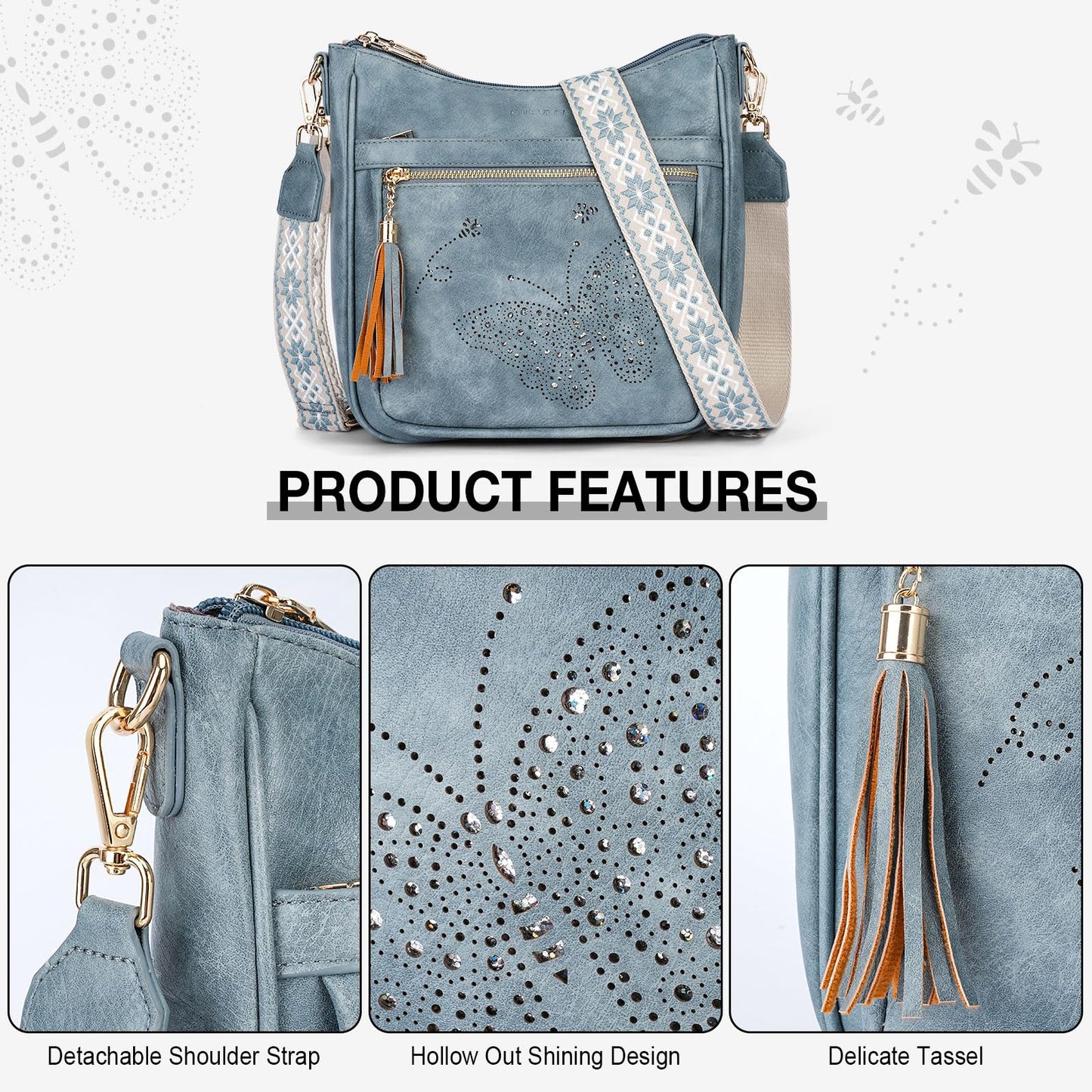 KITEVIUN Medium Crossbody Bags for Women Trendy, Women's Butterfly Shoulder Handbags with Tassel