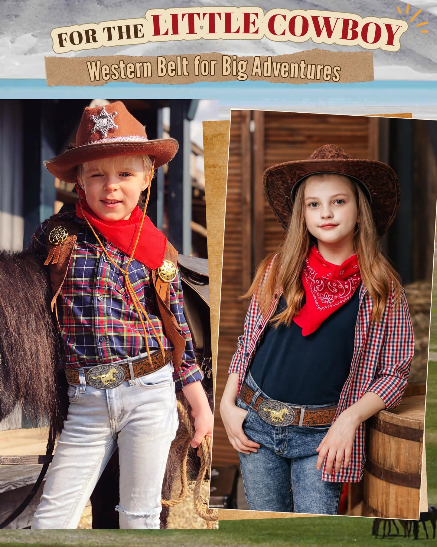 AWAYTR Kids Ratchet Western Belt - PU Leather Cowboy Belt Adjustable Toddler to Big Kid Sizes for Jeans (Gunmetal Gold Horse-Brown, Fit Waist: 23"-26")
