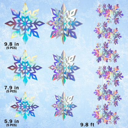 27PCS Christmas Hanging Snowflakes 3D Paper Snowflakes Christmas Tree Decorations Hanging Snowflake Decorations for Winter Wonderland Christmas Indoor Outdoor Holiday Decor (27, Iridescent)