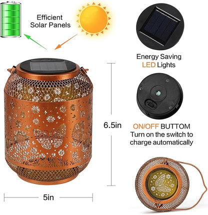 2 Pack Solar Lanterns Outdoor Waterproof Butterfly Garden Decor Birthday Gifts for Women Mom Grandma Hanging Solar Lights Metal Decoration Outside for Yard, Patio, Backyard, Porch, Pathway