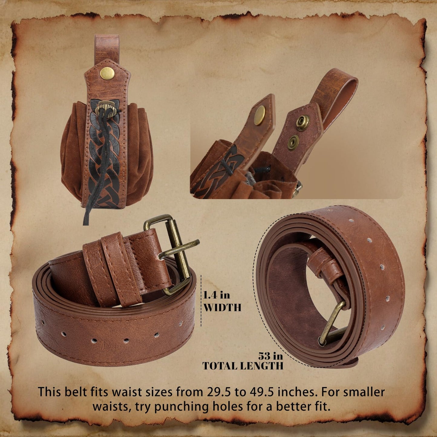 Renaissance Belt Pouch Medieval Viking Pirate Leather Bag Potion Bottle Set Skirt Hike Halloween Cosplay Costume Accessorie(Brown, Belt Pouch)