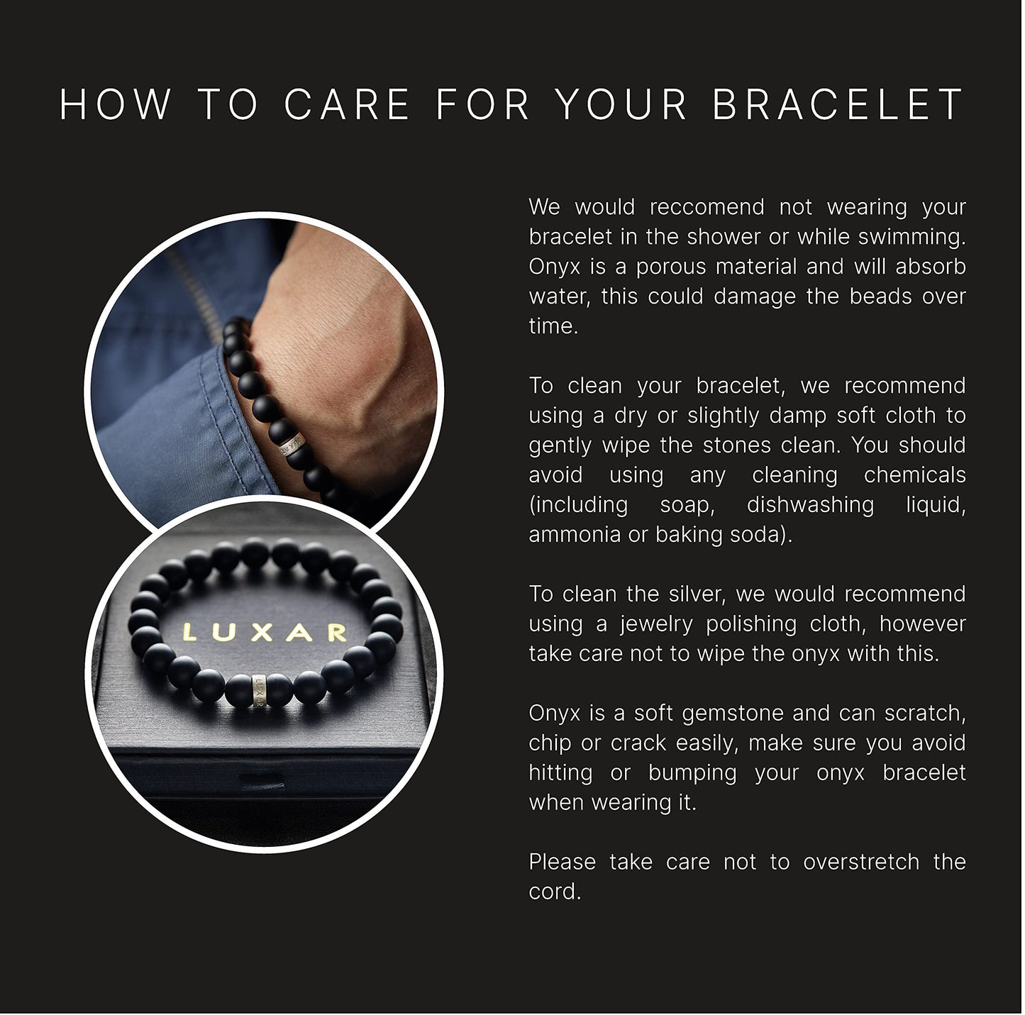 LUXAR Men’s Black Onyx Stone Bead Bracelets | Matte Black 8mm Stone | Minimalist, Designer Jewelry for Men (925 Silver, Small)