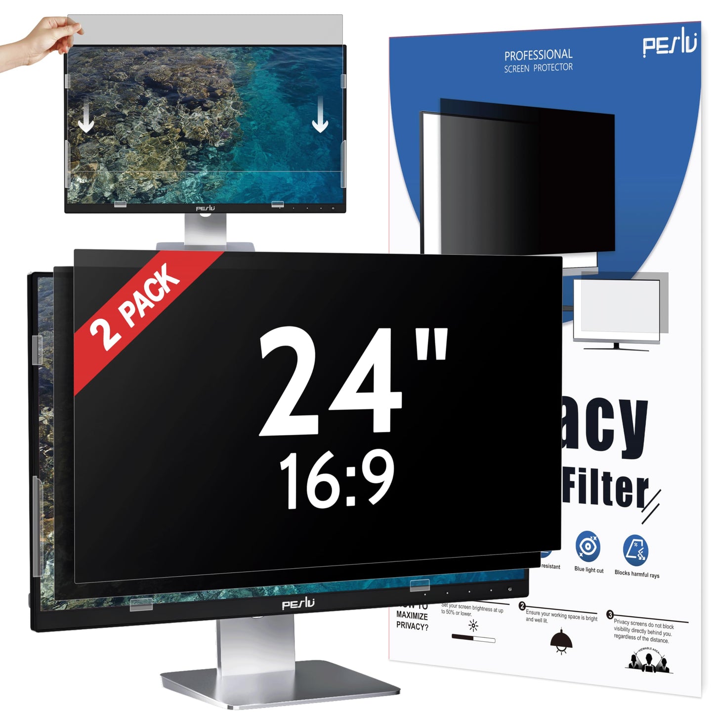 [2-Pack] 24 Inch Privacy Screen for Computer Monitor 16:9 Aspect Ratio, Eye Protection Anti Blue Light Glare Shield, 24inch Removable Black Blackout Anti Spy Desktop Security Private Filter