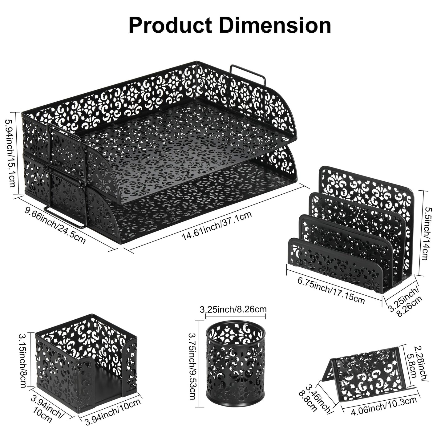 EasyPAG Desk Organizers and Accessories 5 Pieces Office Supplies Set - 2 Tier Paper Tray, Pencil Organizer for Desk, Mail Sorter Countertop, Business Card Holder and Sticky Note Holder, Black