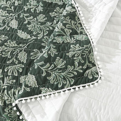 Ultra Soft Pre-Washed Quilted Throw Blanket, Floral Printed Pompom Fringed Dark Green Decorative Throws, Chic Rustic Blanket for Sofa Couch Bed Chair, 90"x 90"