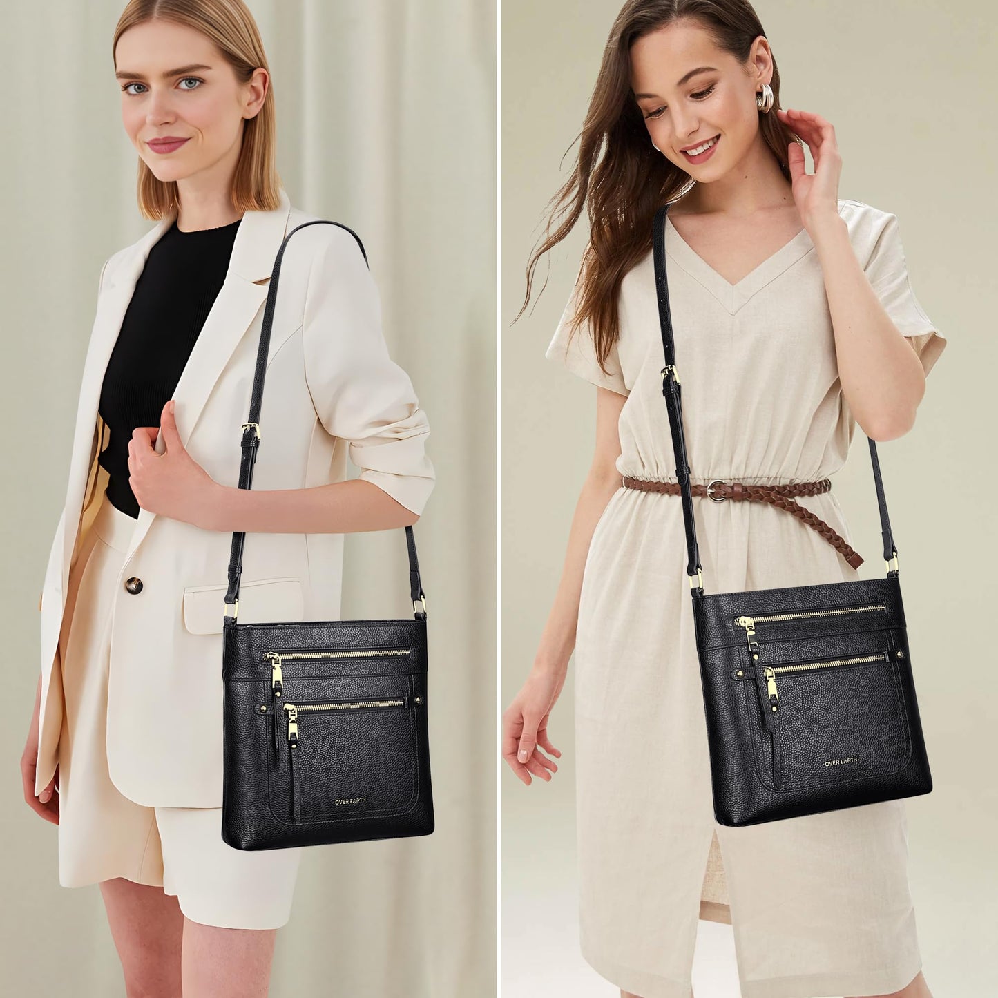 Over Earth Leather Crossbody Bags for Women Medium Shoulder Purse Multi Pocket Shoulder Handbag with Adjustable Strap(O199E Black RP)