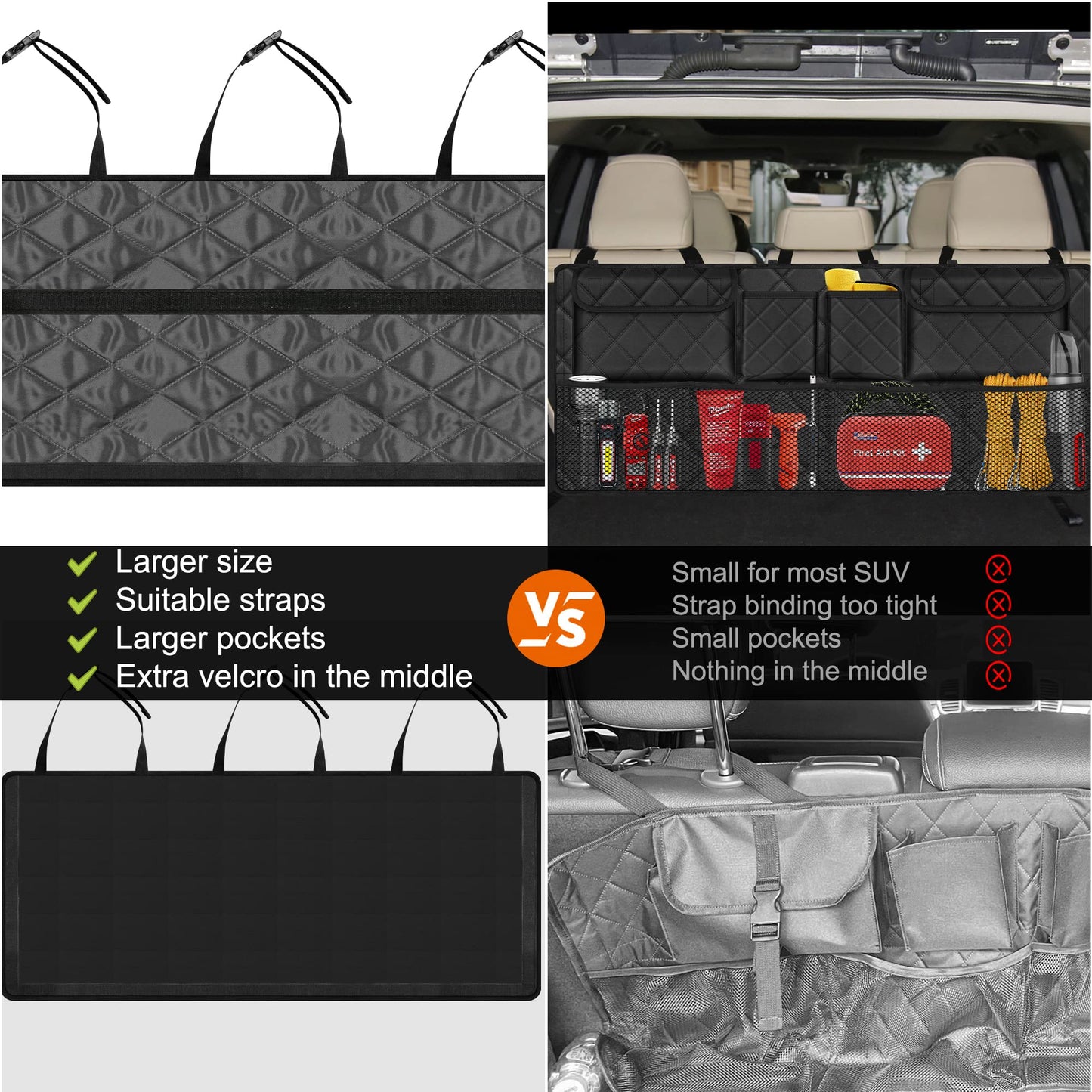 Femuar Car Trunk Organizer, Large Capacity Backseat Trunk Organizer (42"*18"), Collapsible Car Storage Bag with 8 Pockets, SUV/MPV/Truck - Black