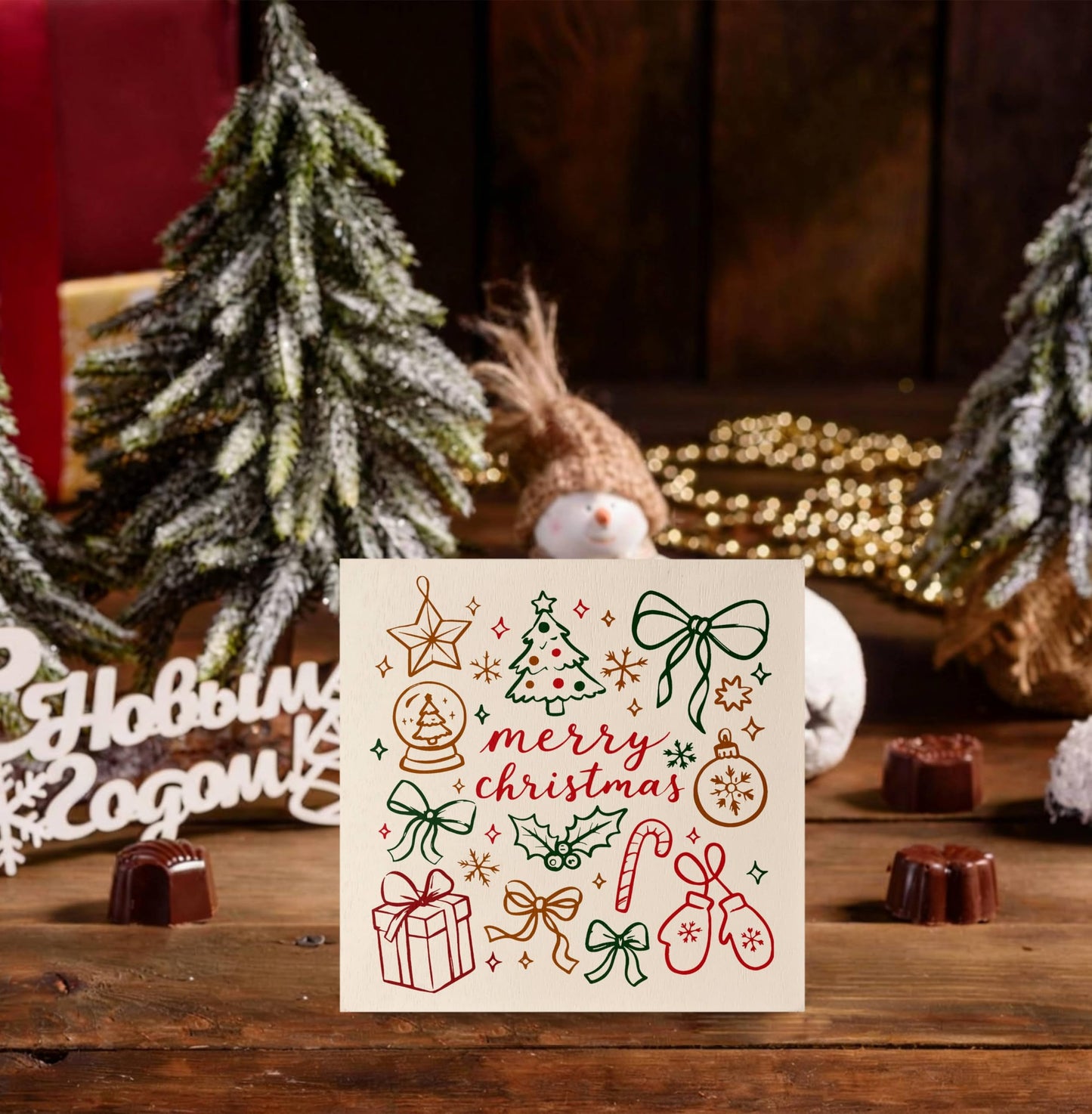 KEUSPI Retro Merry Christmas Wooden Box Sign, Girly Christmas Decor, Boho Xmas Bow Holly Jolly Wood Box Block Sign for Home Office Desk Tabletop Shelf Decoration 5x5 Inch