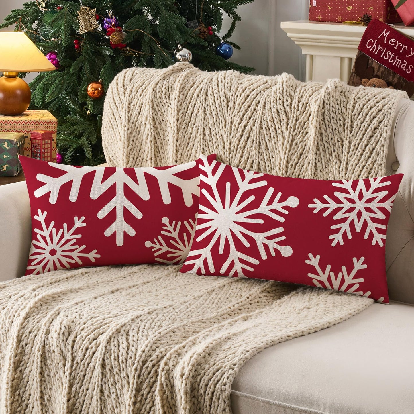 CARRIE HOME Red Christmas Snowflake Lumbar Pillow Covers 12x20 Set of 2, 12 x 20 Red and White Winter Holiday Throw Pillow Covers, Outdoor Rectangle Christmas Pillows for Porch (No Pillow Inserts)