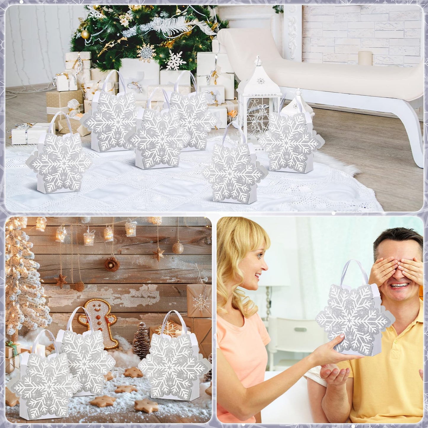 Kolldenn 12 Pcs Glitter Winter Snowflake Paper Bags Snowflake Party Favors Gift Bags with Handle for Summer Christmas Winter Holiday Birthday Wonderland Party Supplies Candy Treat Goodie