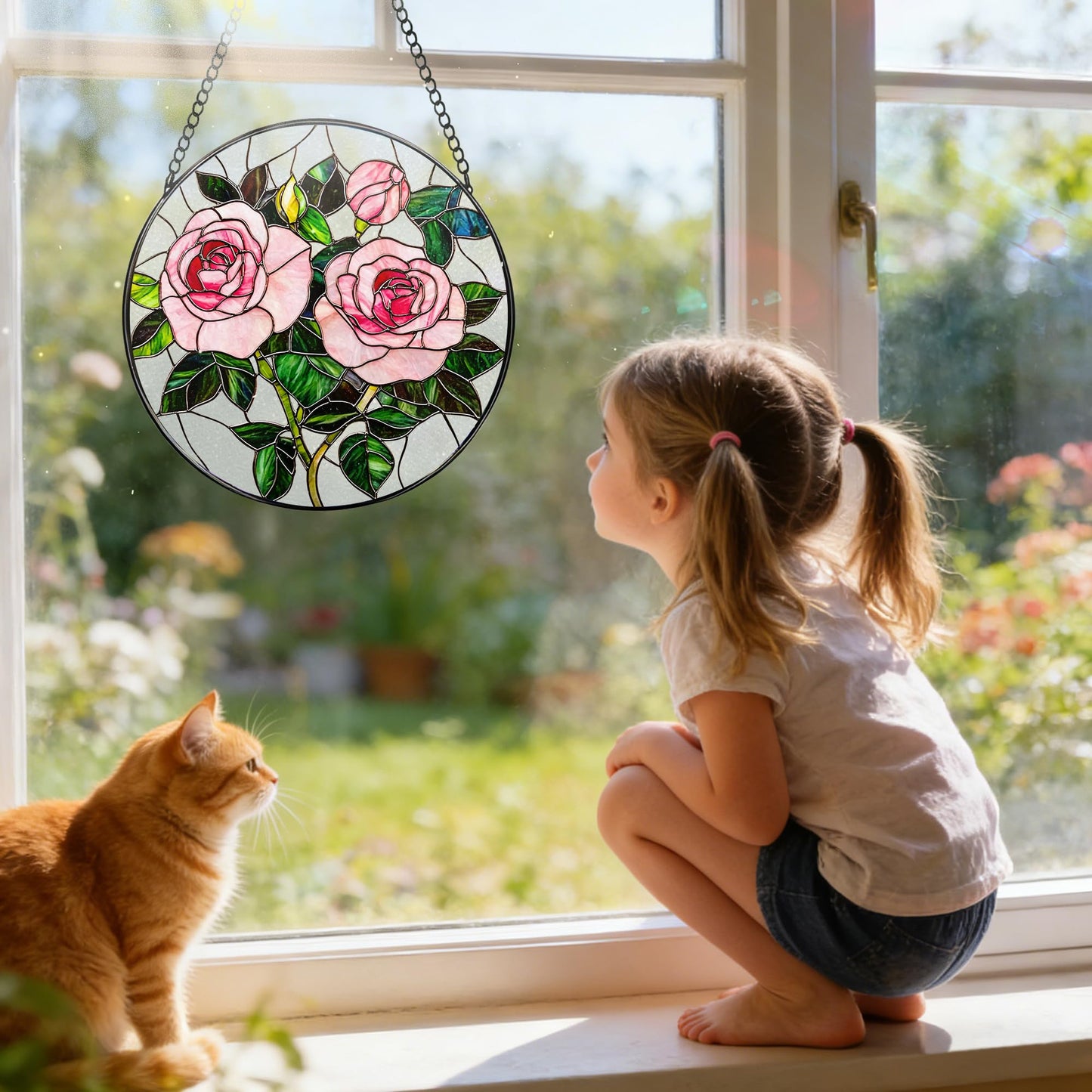 Stained Glass Window Hanging, 7.8 Inch Pink Rose Stained Glass Suncatcher Ornament, Floral Window Hanging Sun Catcher for Indoor Window, Flower Lover Gift, Gifts for Mom, Grandma, Friends & Sisters