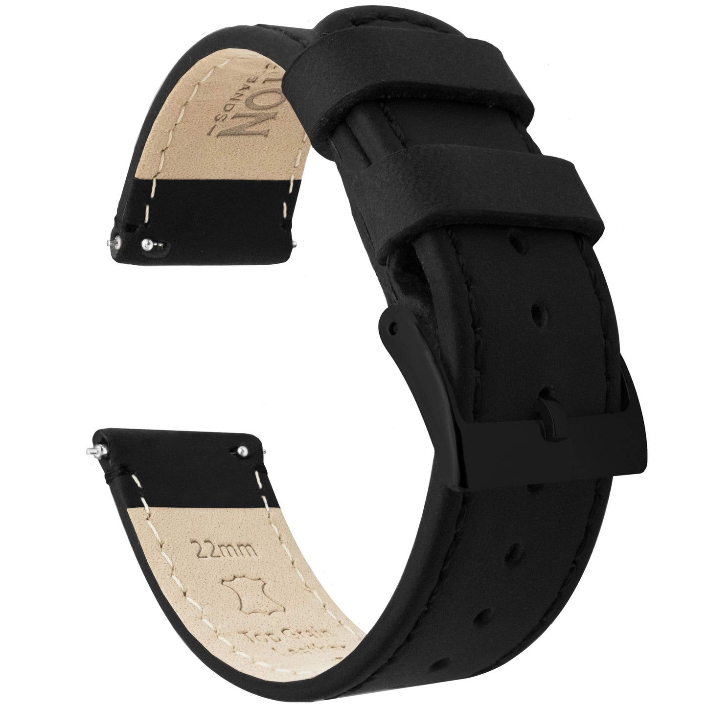 BARTON WATCH BANDS Quick Release Top Grain Leather Watch Band Strap, Black Leather/Black Stitching (Black Buckle), 22mm
