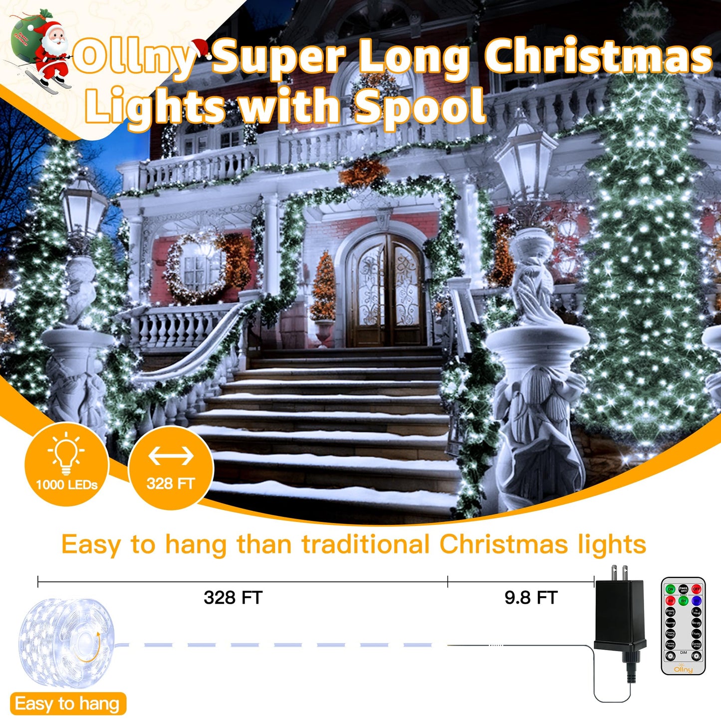Ollny Christmas Lights Cool White, 600LED 197FT Christmas Tree Lights IP67 Waterproof, Plug in Fairy Lights with Remote 8 Modes Timer, Xmas Light for Outdoor Indoor House Holiday Decor
