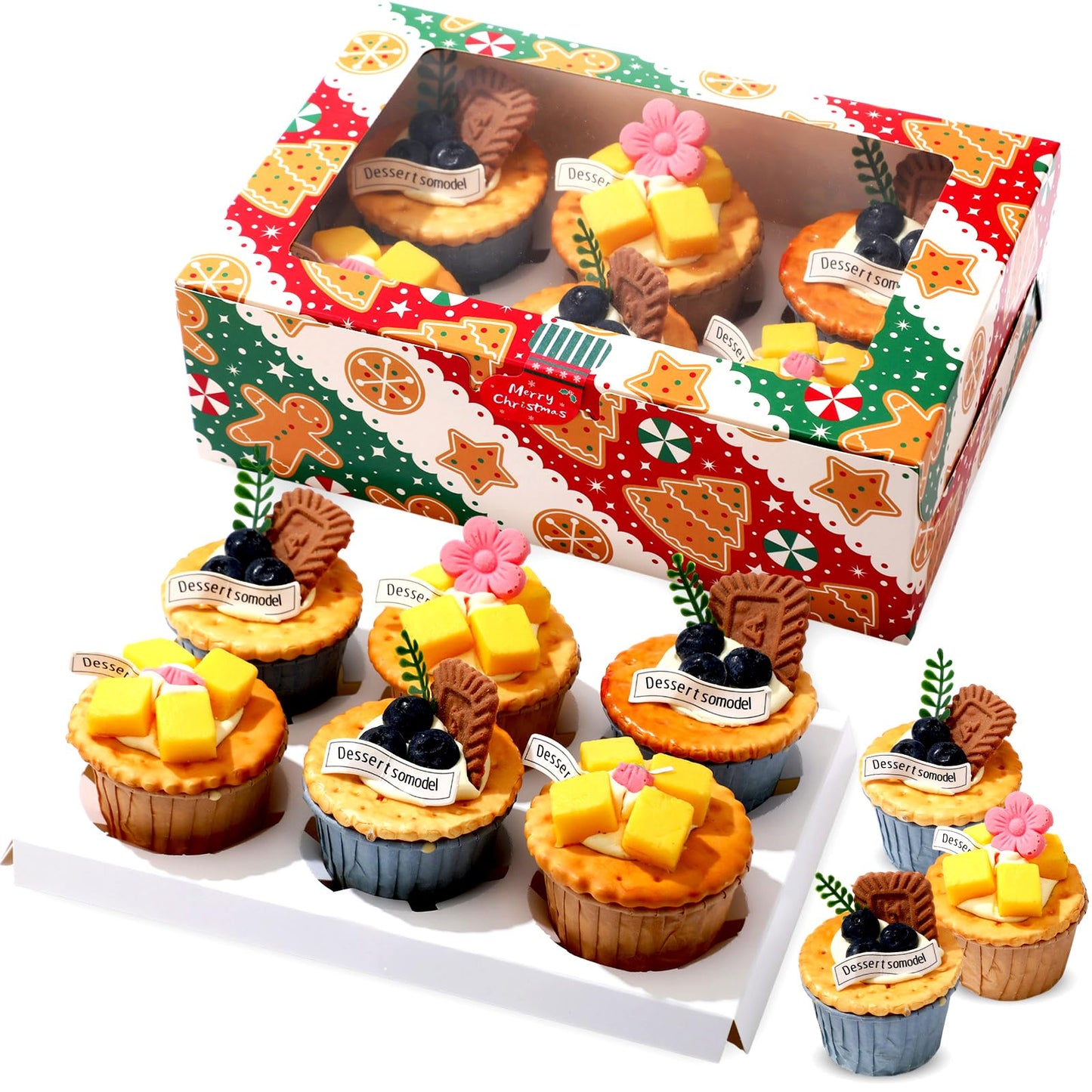 Widecook 30 Pack Christmas Cupcake Boxes 6 Count 9.5"x6.1"x3" Gingerbread Cookie Containers Carrier with Insert Trays Window and Stickers for Cup Cake Bakery Pastry Candy Packaging Holiday Party