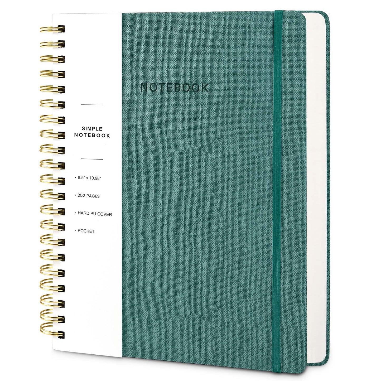Oneirom Spiral Notebook - 8.5 x 10.98 Inch Large Hard Cover Notebook with Elastic Band & Pocket, 252 Pages, Lay Flat Wirebound Journal for Work, School, Planning & Note Taking Green