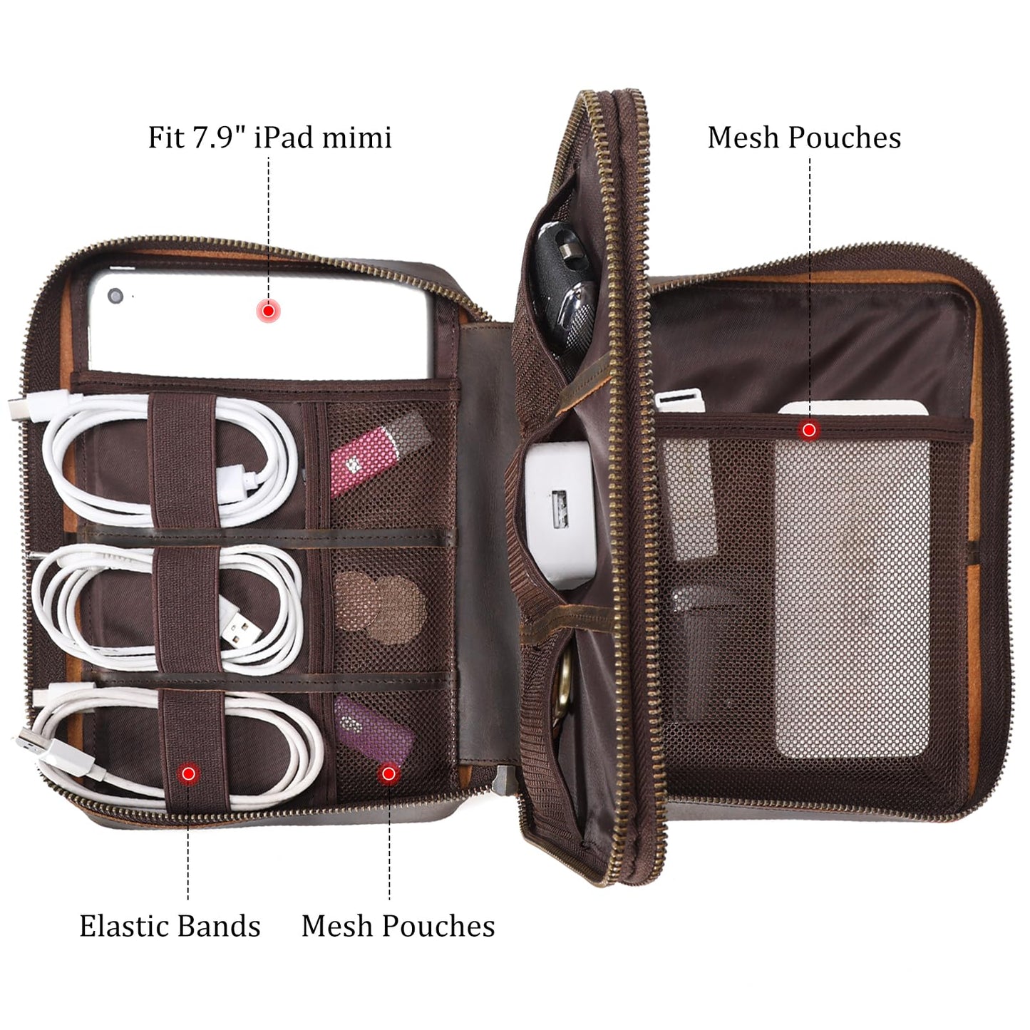 Polare Full Grain Leather Travel Cable Organizer Case Double Layer Electronics Accessories Carry Bag with YKK Zippers Tech Storage Bag for Cables, Power Bank, USB, SD Card