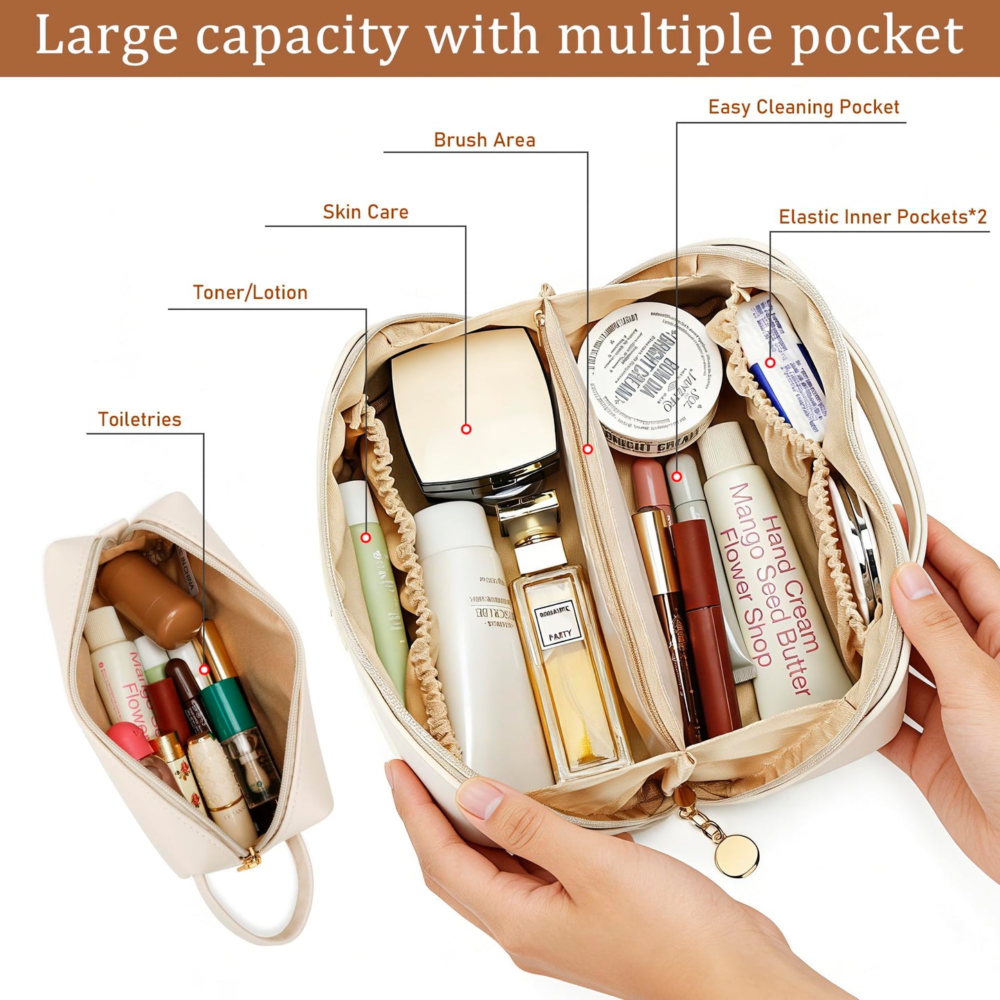 KKXIU Initial Makeup Bag for Women - Personalized Makeup Bag Gifts for Women, Travel Toiletry Bag with PU Leather, Open Flat Design with Top Handle, Cosmetic Bag Set with Multi-Pocket (Beige,A)