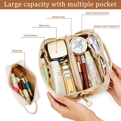KKXIU Initial Makeup Bag for Women - Personalized Makeup Bag Gifts for Women, Travel Toiletry Bag with PU Leather, Open Flat Design with Top Handle, Cosmetic Bag Set with Multi-Pocket (Beige,P)