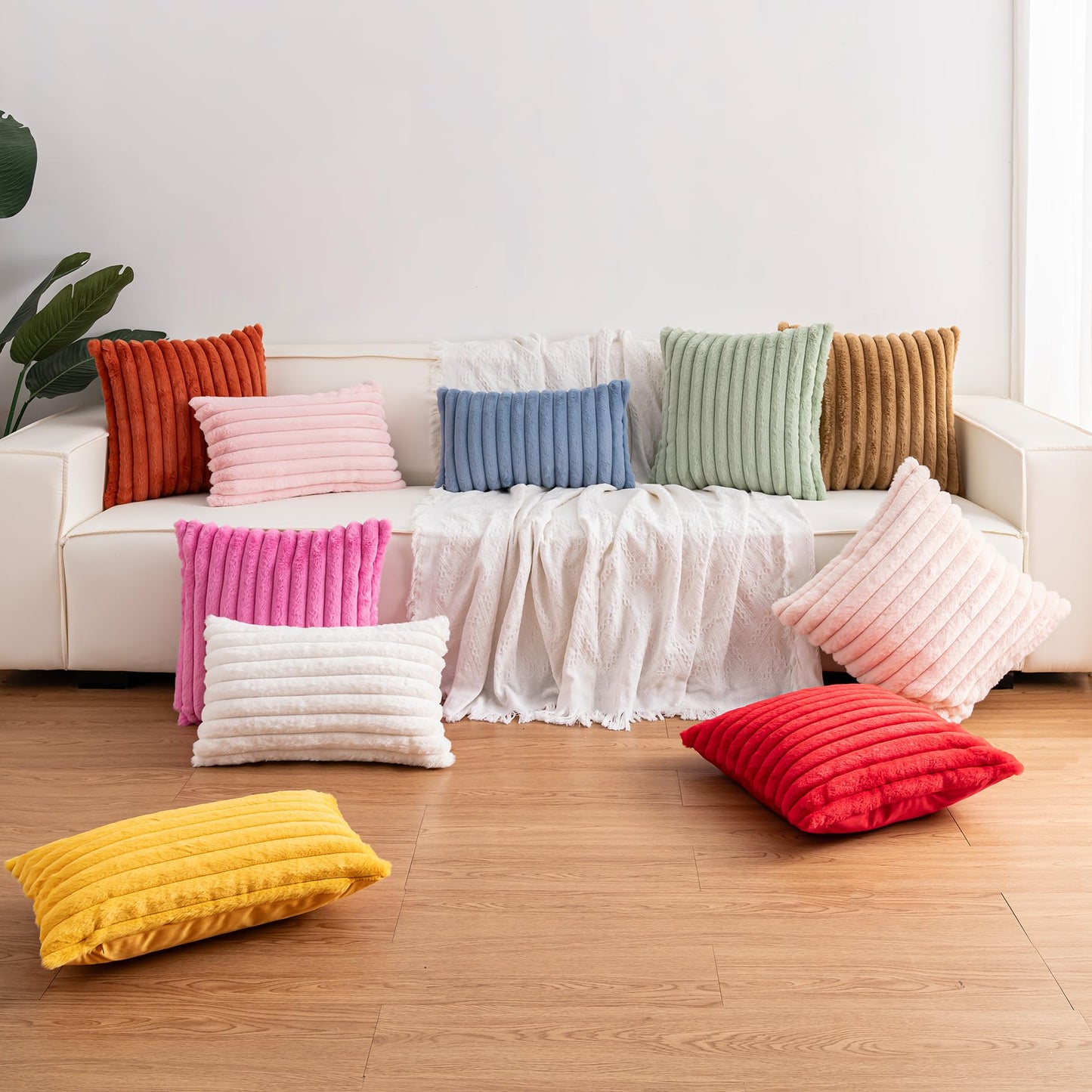 Aegero Pack of 2 Faux Fur Christmas Throw Pillow Covers 18x18 Inch, Soft Plush Striped Neutral Couch Pillow Cover, with Velvet Back Modern Home Decor for Sofa Living Room Couch Bed Red