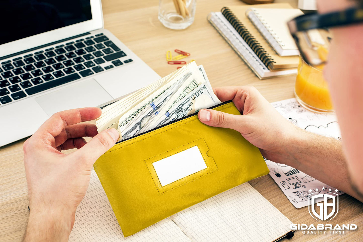 Money Bank Deposit Bag with Zipper | 11x6 inch | Yellow | Durable Leatherette Money Cash Coin Check Wallet Pouch for Men & Women with Framed ID Window and Blank Card | by GIDABRAND (7)