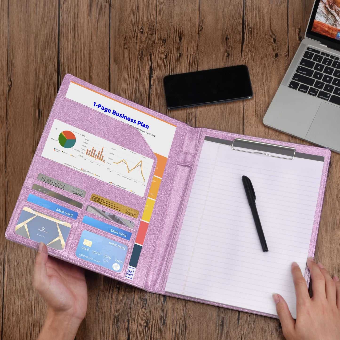 Cacturism Padfolio Portfolio Folder, Foldable Letter Size Clipboard Legal Pad, Bling PU Leather Professional Folio Organizer for Women - Resume Business Document Holder for Job Work Office, Pink