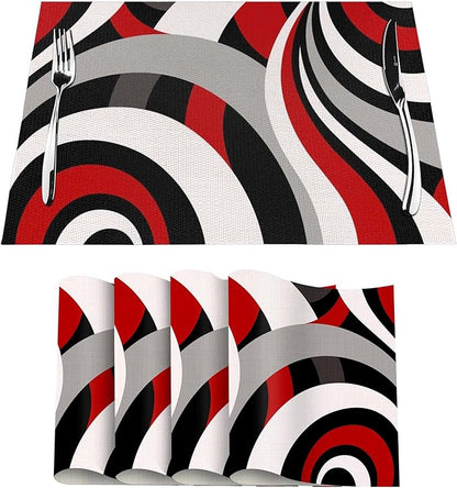 Black Red Retro Modern Swirl Linen Placemats Set of 4, Washable Heat Resistant Table Mats for Dining Table Kitchen Party Holiday Outdoor Farmhouse Gardening, Kitchen Home Decor, Black Red White Grey