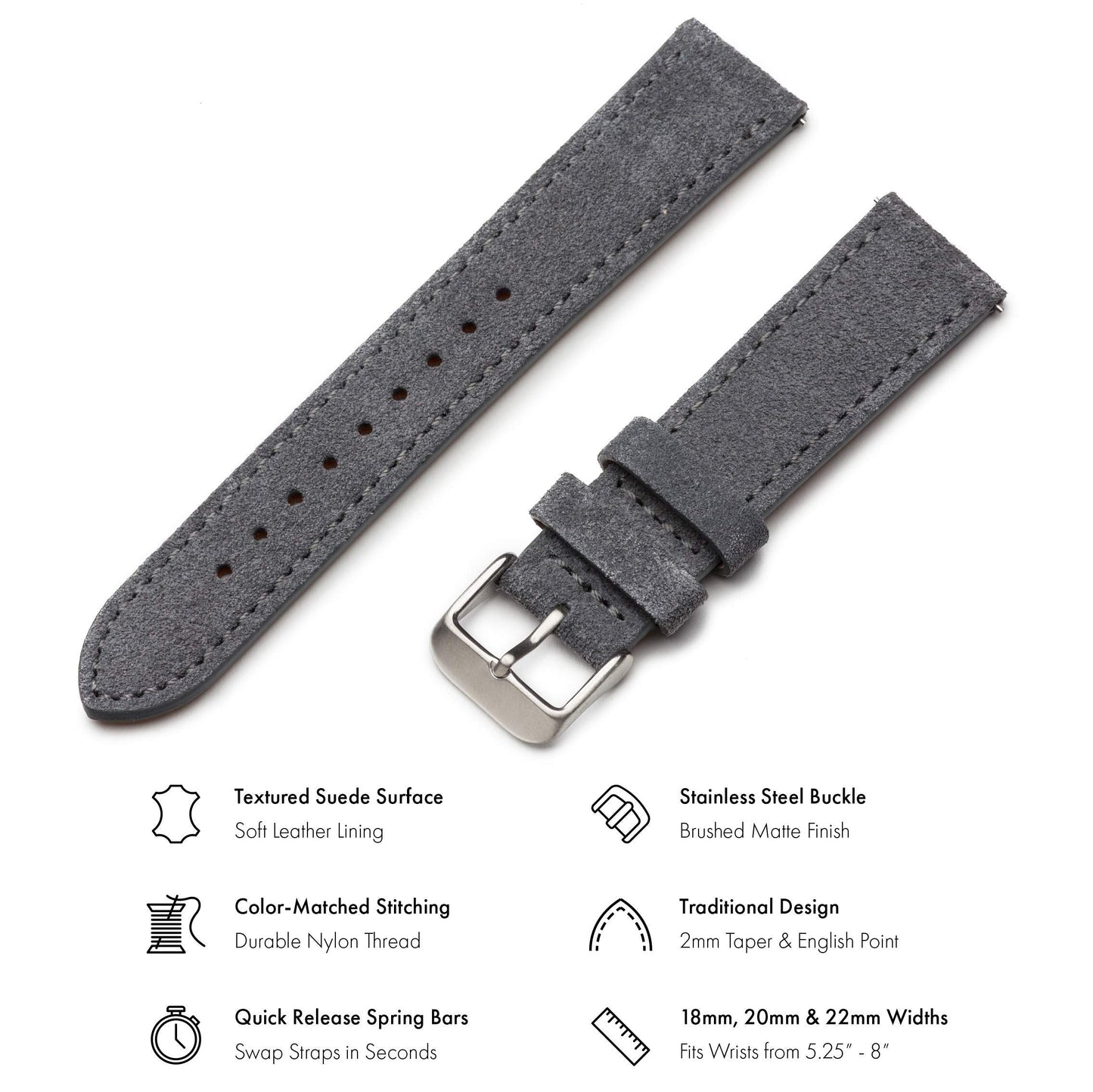 Benchmark Suede 22mm Leather Watch Band – 22mm Quick Release Watch Band with Stainless-Steel Buckle & 9 Adjustable Holes – Grey Leather Watch Bands for Men & Women (22mm, Grey)