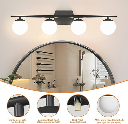Black Vanity Lighting Fixtures, 4-Light 34.7 Inch Modern Bathroom Light with Milky White Frosted Glass Shades, Wall Lights for Bathroom, Bedroom, Living Room（G9 Bulb not Included）