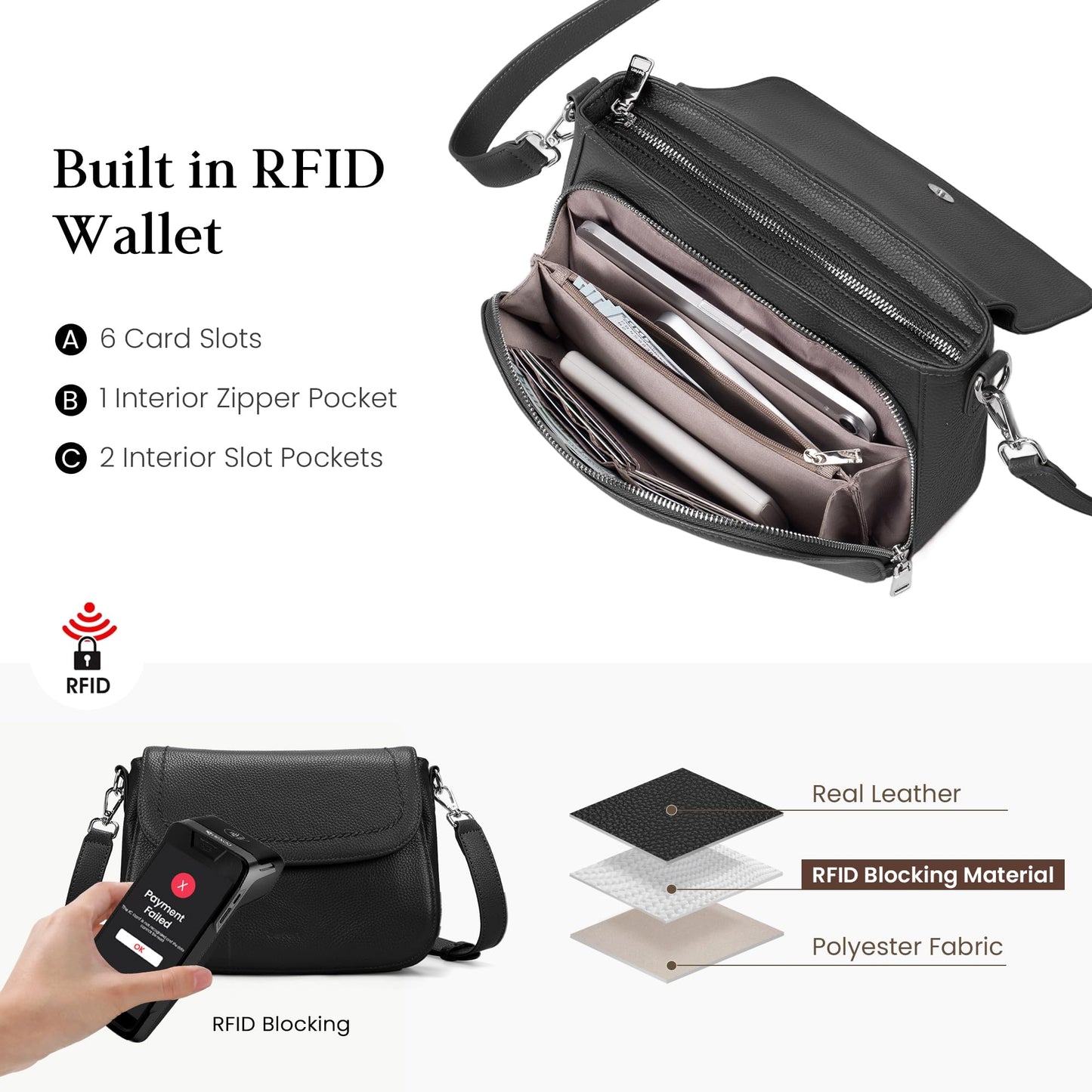 befen Black Genuine Leather Crossbody Bags for Women Medium Womens Saddle Bag Cross Body Purse with Built in RFID Blocking Wallet