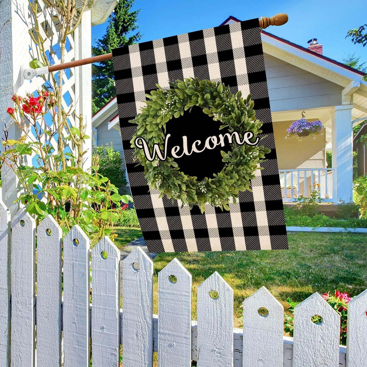 Baccessor Boxwood Wreath Welcome House Flag Vertical Double Sided, Buffalo Check Plaid Rustic Farmhouse Burlap Garden Yard House Flag Outdoor Decoration 28 x 40 Inch