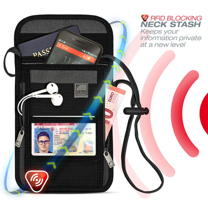 Lewis N. Clark RFID Blocking Stash Neck Wallet, Travel Pouch + Passport Holder for Women & Men, Black, One Size