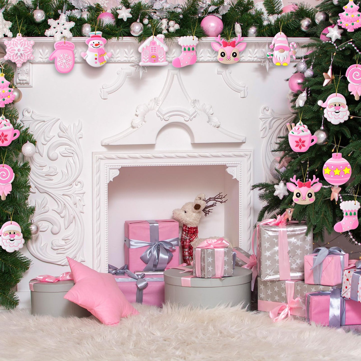 Lunmon 24 Pcs Pink Christmas Ornaments PVC Pastel Ornaments for Christmas Tree Santa Claus Gingerbread House Gnomes Xmas Baubles Winter Decorations for Xmas Tree Party Holiday Decor