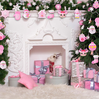 Lunmon 24 Pcs Pink Christmas Ornaments PVC Pastel Ornaments for Christmas Tree Santa Claus Gingerbread House Gnomes Xmas Baubles Winter Decorations for Xmas Tree Party Holiday Decor