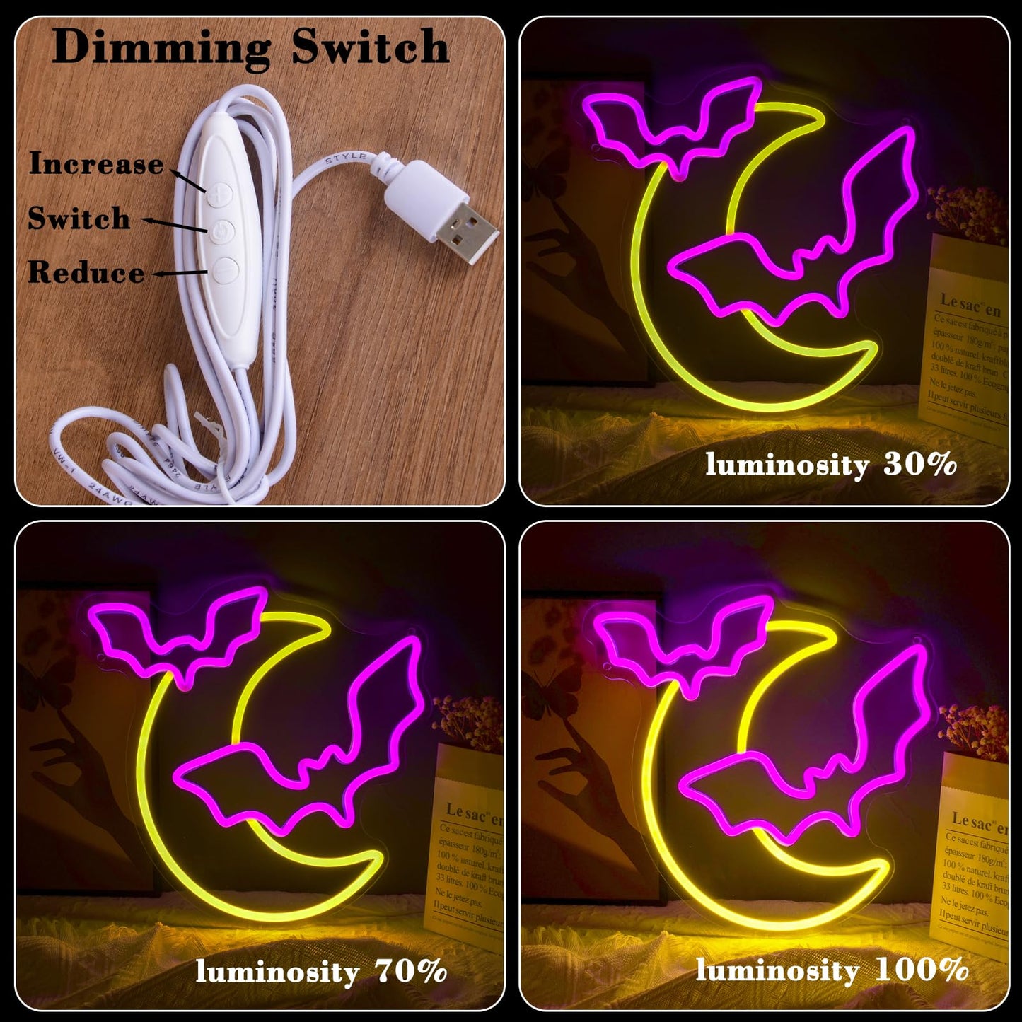 Halloween Decorations Neon Signs, Moon and Bat LED Light,Neon Light up Halloween Party, USB Powerd Gothic Neon Lamp for Festival Wall Decor, Bar, Bedroom,Living room, Wedding,Halloween