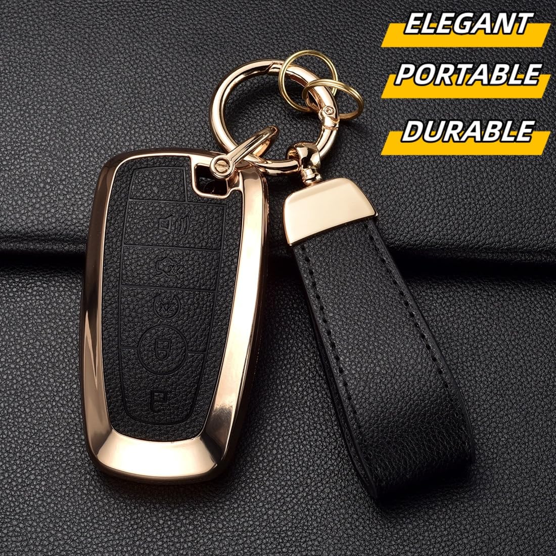 WiiLemz Key Fob Cover for Ford with Keychain, Upper Leather + Soft TPU Key Cover Case for Explorer Fusion Escape Edge Expedition F150 F250 F350 F450 F550 Maverick Mustang (5-Buttons, Black)