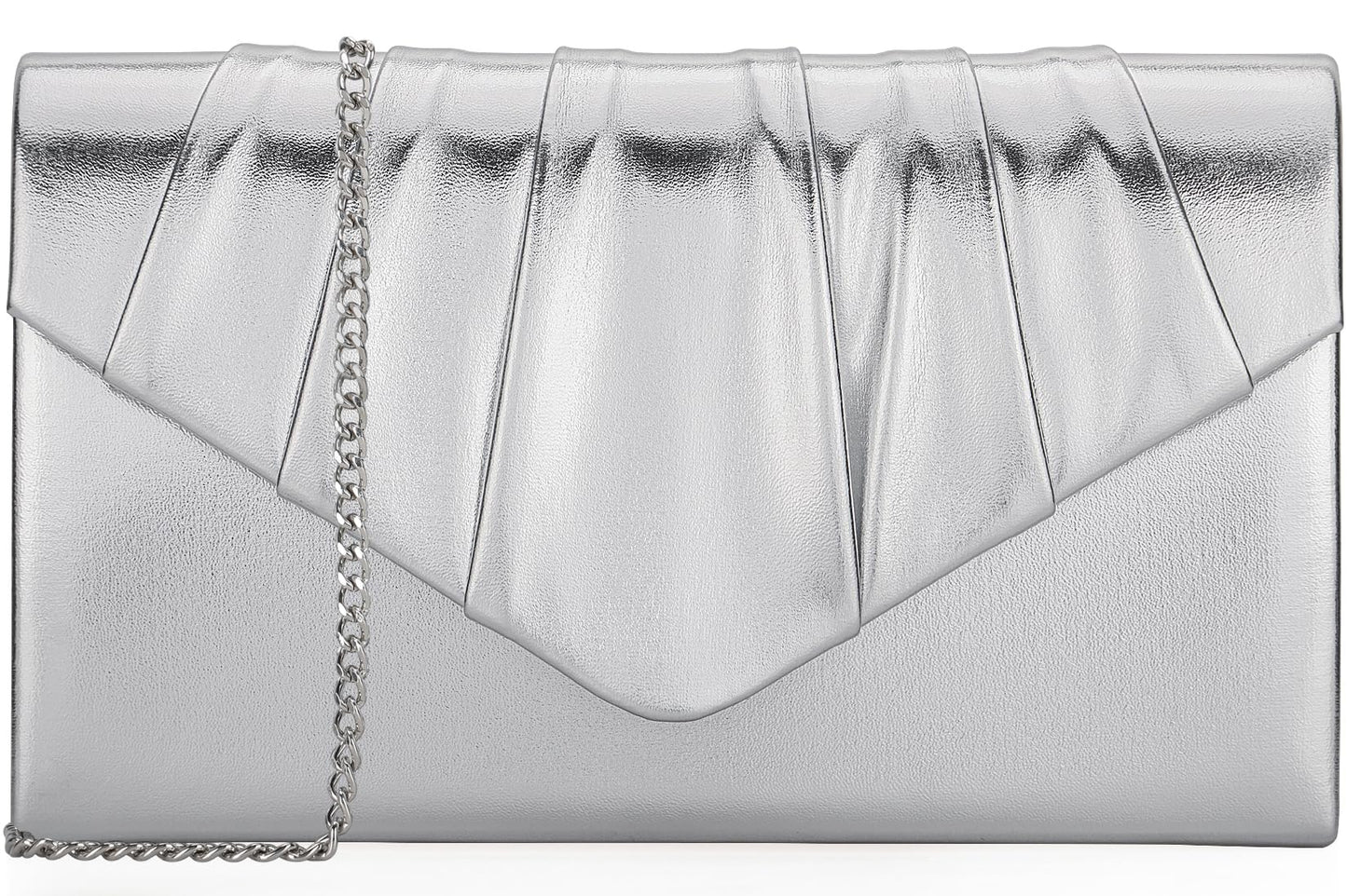 Venoline Women Evening Clutch Purse - Shimmering Metallic PU Leather Pleated Flap Envelope Handbag for Wedding Prom Party Silver