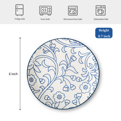 Selamica Ceramic Dessert Plates Set of 6, 6 Inch Appetizer Plates for Kitchen, Microwave & Dishwasher Safe, Vintage Blue