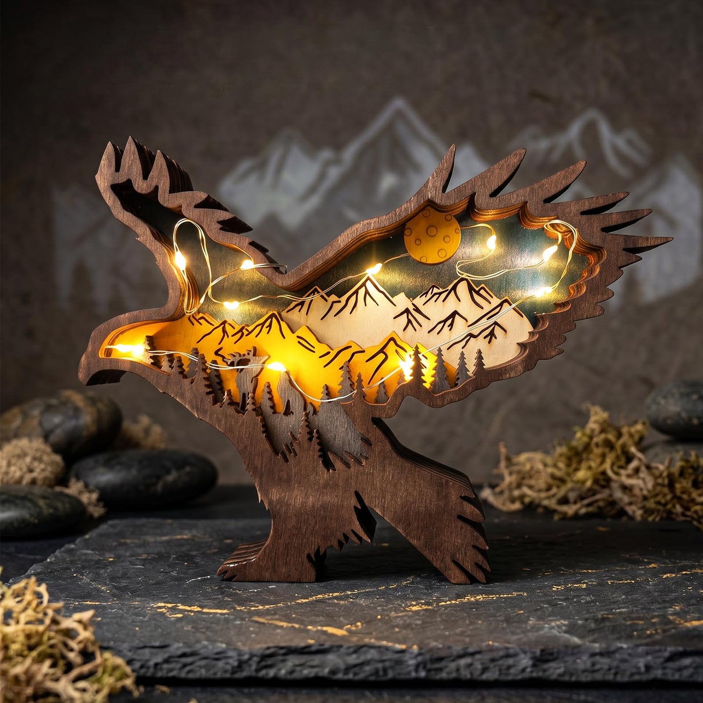 Drawelry 3D Wood Carving Animals Lamp Home Decorative, Cute Bear Family Elephant Presents Ideas Christmas Living Room Office Decor Warm LED Night Lights Gift for Friend Daughter Son Mom Dad (Eagle)